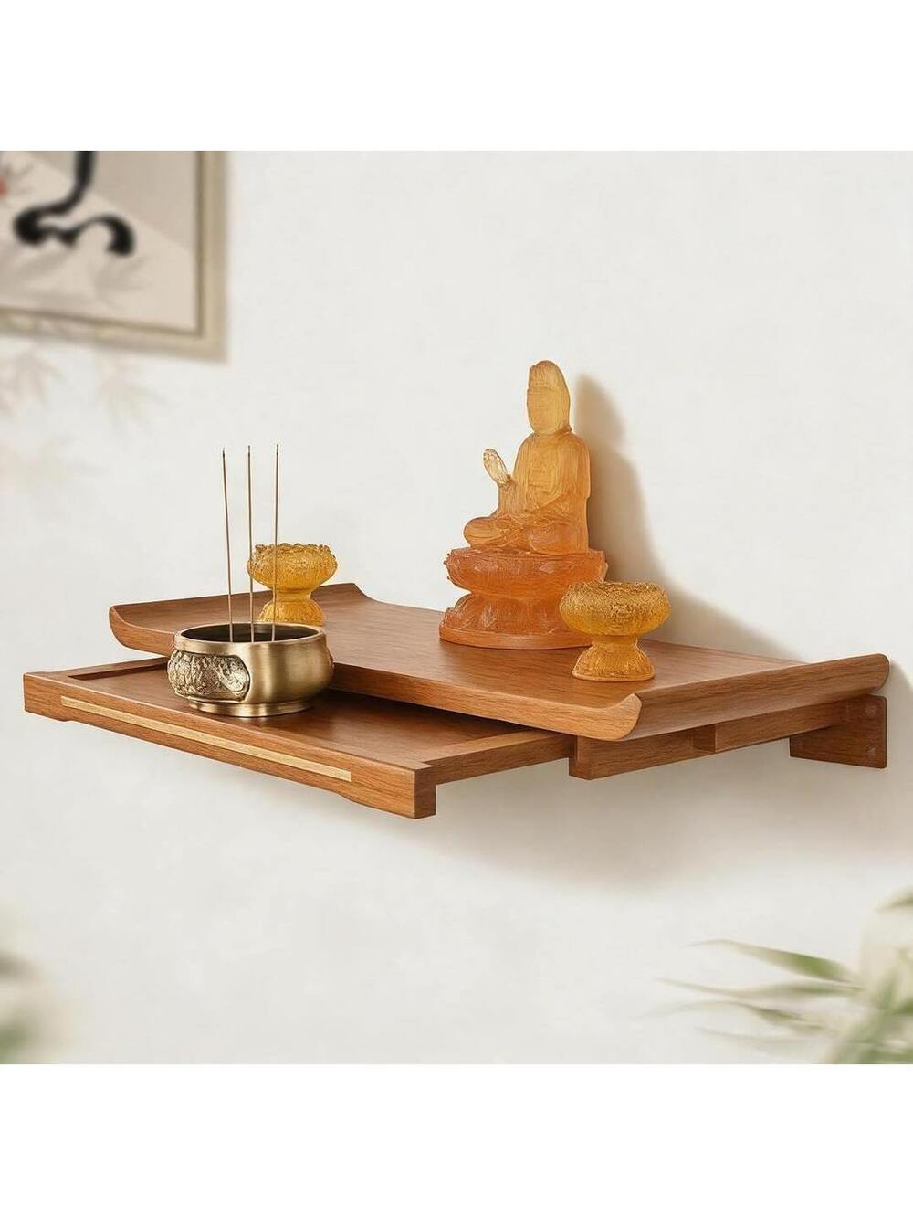 Camphor Wood Buddha Altar Shelf Shrine with Telescopic Pull Plate - Large